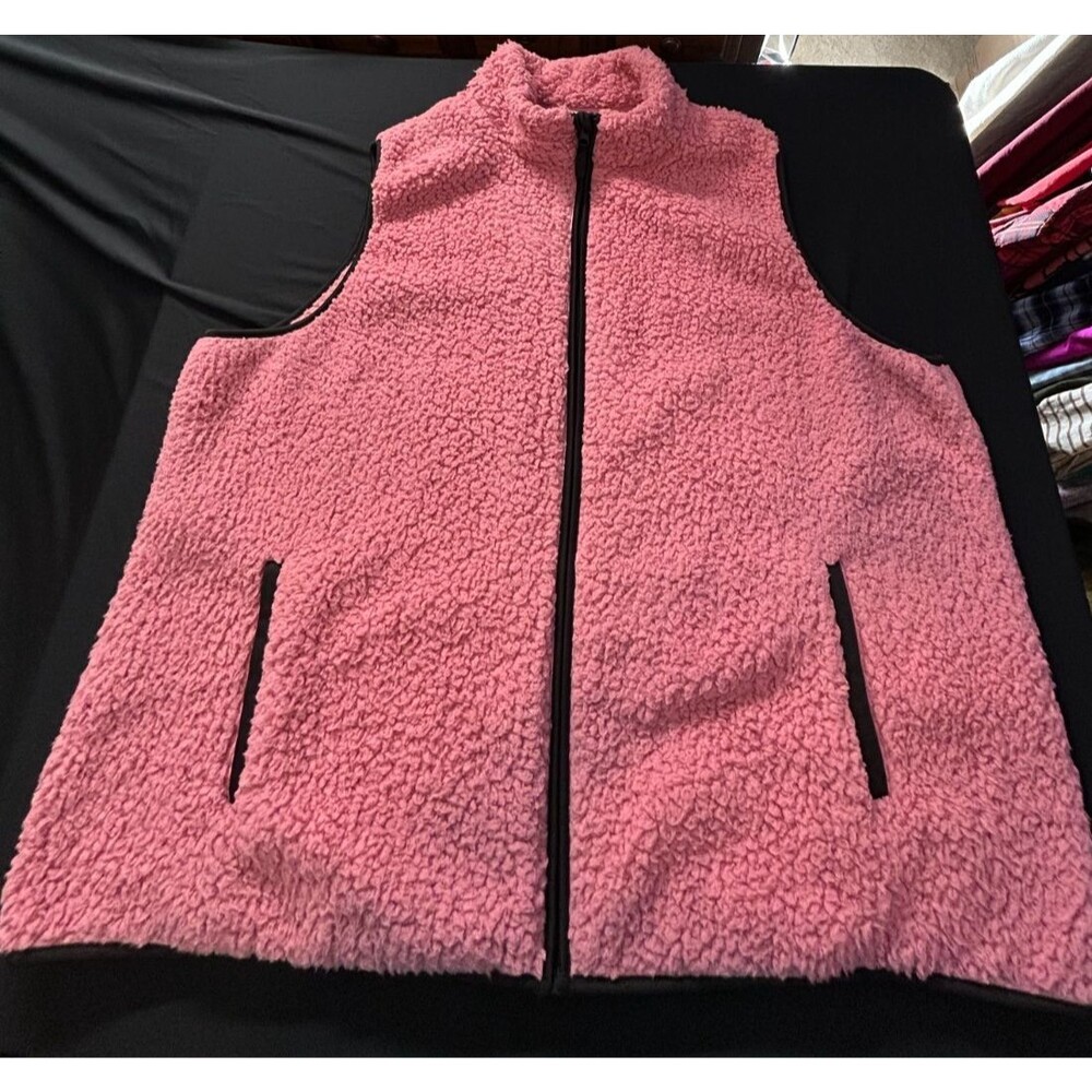Time and Tru Pink Sherpa Fleece Vest 3X Half Zip Standing Collar Black Trim